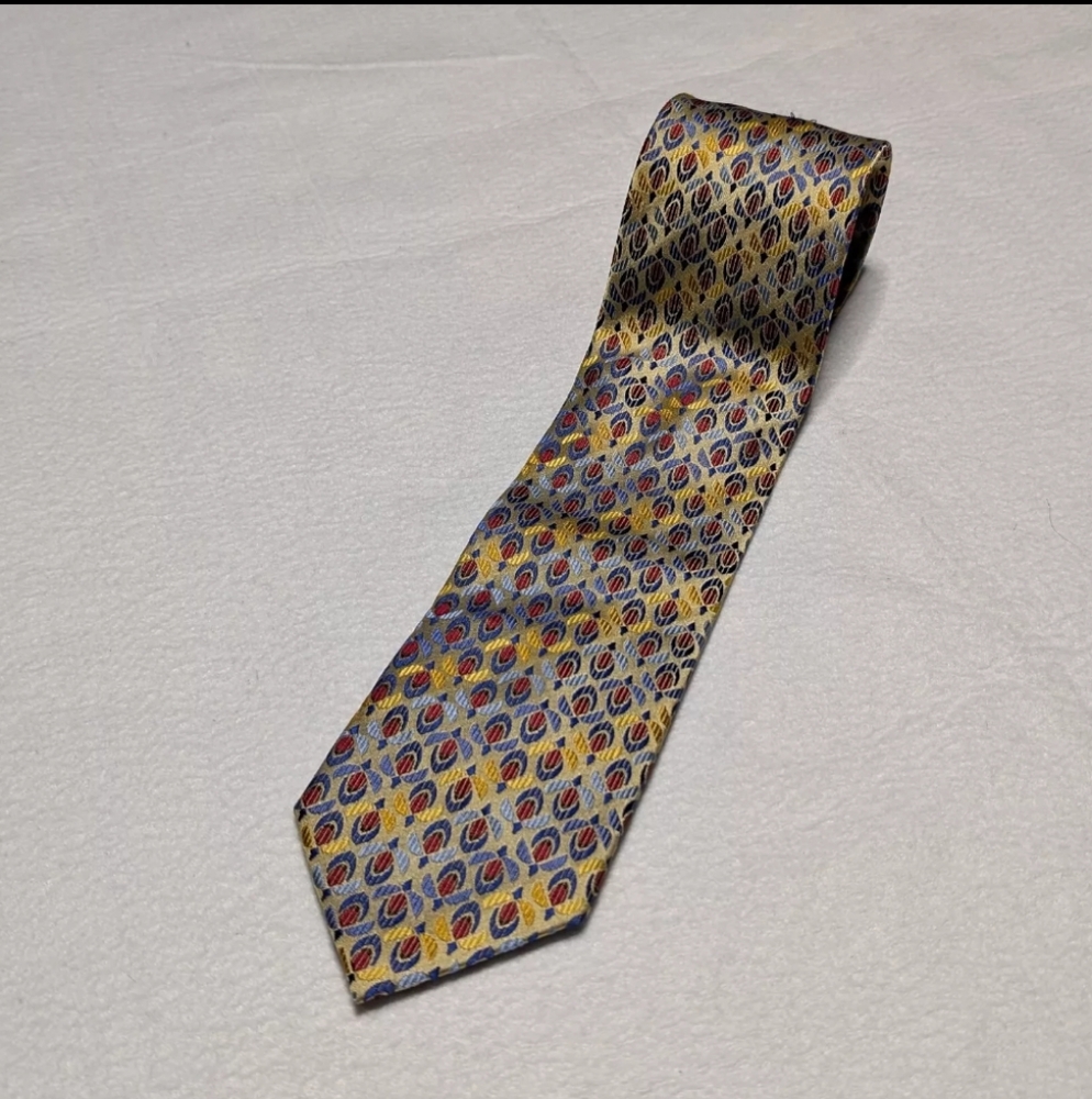 Haines & Bonner London Silk Neck Tie Geometric Gold Blue Handmade